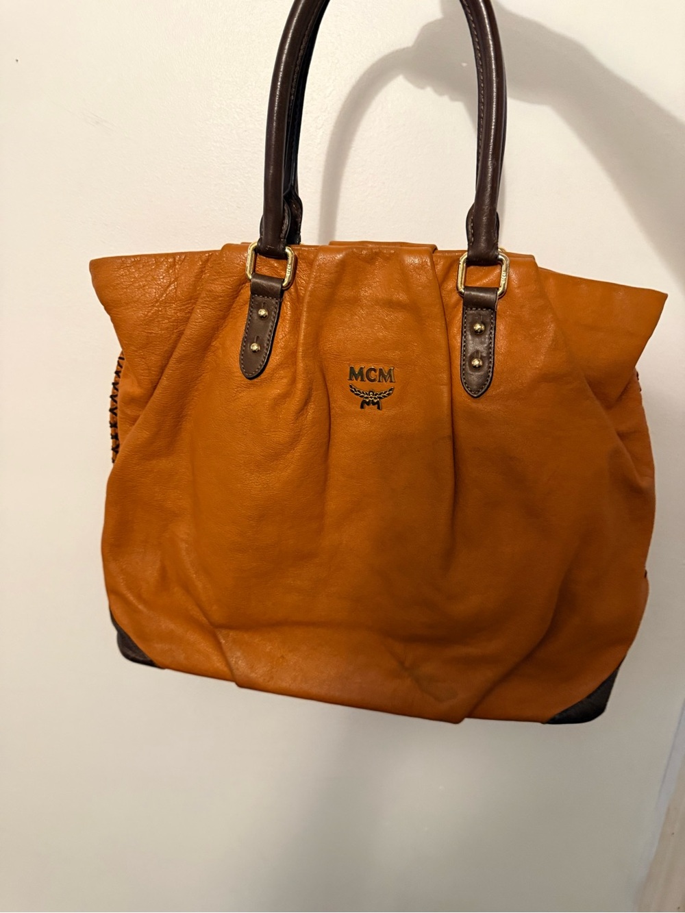MCM Cognac Leather Tote with Dark Brown Handles